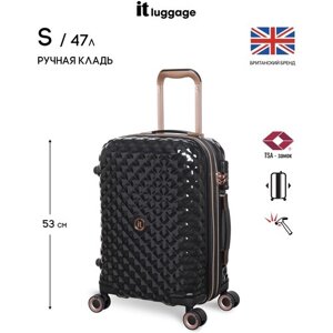 Чемодан IT Luggage, поликарбонат, жесткое дно, опорные ножки на боковой стенке, износостойкий, увеличение объема, 47 л, размер S+черный