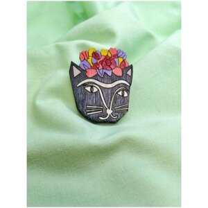 Фрида-кошка, стилизация, значок деревянный, брошь на одежду