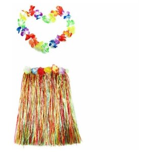 Гавайская юбка 60 см, разноцветная с цветочками, гавайское ожерелье 96 см