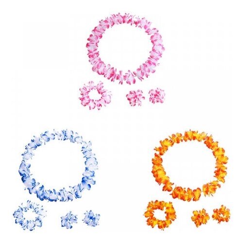 Гавайский набор, 4 предмета: ожерелье лея, венок, 2 браслета (цвет розовый, оранжевый, синий) (3 набора в комплекте)