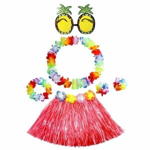 Гавайский набор Вайкики : гавайское ожерелье, повязка на голову, юбка (длина 60см), браслеты, очки