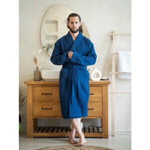 Халат Safia Home, длинный рукав, банный халат, пояс/ремень, карманы, размер 48/50, синий