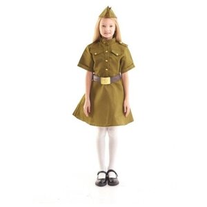 Карнавальный костюм для девочки, военное платье, пилотка, ремень, 5-7 лет, рост 122-134 см
