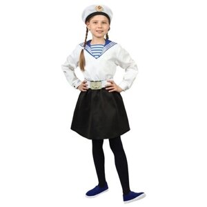 Карнавальный костюм Страна Карнавалия "Морячка в бескозырке" для девочки, белая фланка, юбка, ремень, размер 32, рост 110-116 см
