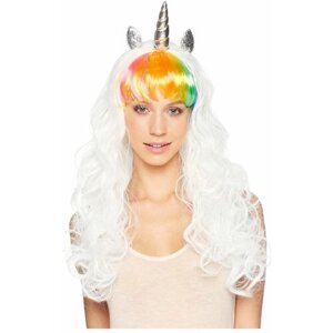 Карнавальный праздничный парик из искусственного волоса Страна Карнавалия женский/детский Длинные волосы с челкой, Единорог, белый