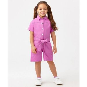 Комбинезон джинсовый с поясом розовый Button Blue, для девочек, размер 110, мод 123BBGMC65021200