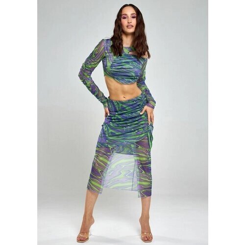 Костюм ALZA, топ и юбка, стильбохо, прилегающий силуэт, подкладка, плоские швы, размер 40, зеленый, фиолетовый