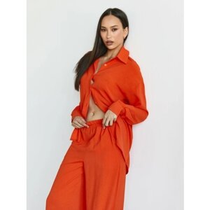 Костюм Catarina Nova, рубашка и брюки, повседневный стиль, свободный силуэт, манжеты, карманы, пояс на резинке, утепленный, размер 46-48, оранжевый