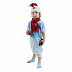 Костюм детский карнавальный "Снеговик в голубом жилете", велюр: комбинезон, шарф, шапка, рост 68–92 см