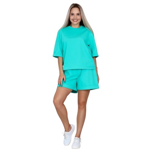 Костюм Elena Tex, футболка и шорты, повседневный стиль, оверсайз, трикотажный, карманы, пояс на резинке, размер 42, зеленый