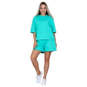 Костюм Elena Tex, футболка и шорты, повседневный стиль, оверсайз, трикотажный, карманы, пояс на резинке, размер 44, зеленый