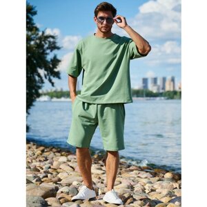 Костюм IHOMELUX, футболка и шорты, спортивный стиль, свободный силуэт, карманы, размер 56/58, зеленый