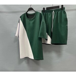 Костюм , майка, футболка и шорты, оверсайз, карманы, размер 54, зеленый, белый
