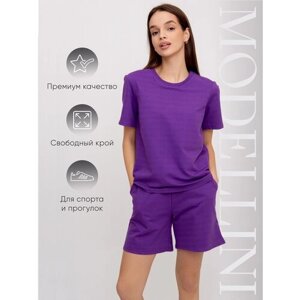 Костюм Modellini, футболка и шорты, спортивный стиль, прямой силуэт, пояс на резинке, размер 44, фиолетовый