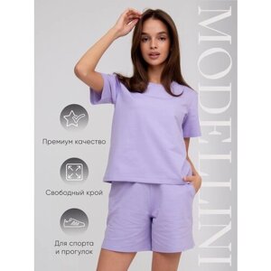 Костюм Modellini, футболка и шорты, спортивный стиль, прямой силуэт, пояс на резинке, размер 52, фиолетовый