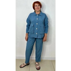 Костюм, рубашка и брюки, повседневный стиль, прямой силуэт, карманы, пояс на резинке, размер 50, синий