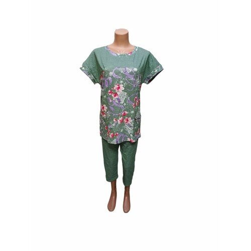 Костюм Традиции Трикотажа, футболка и бриджи, классический стиль, прямой силуэт, трикотажный, пояс на резинке, размер 132, зеленый