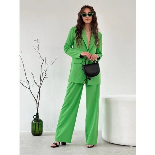 Костюм, жакет и брюки, классический стиль, прямой силуэт, пояс на резинке, размер 40, зеленый
