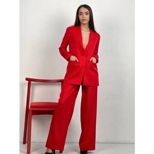 Костюм, жакет и брюки, классический стиль, прямой силуэт, пояс на резинке, размер 42, красный