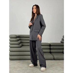 Костюм, жакет и брюки, классический стиль, прямой силуэт, пояс на резинке, размер 42, серый