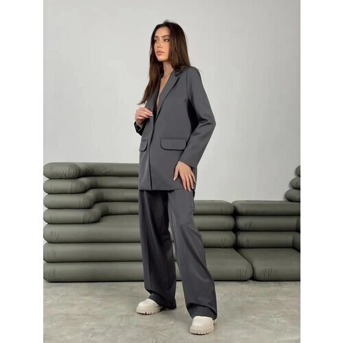Костюм, жакет и брюки, классический стиль, прямой силуэт, пояс на резинке, размер 46, серый