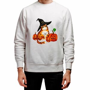 Мужской свитшот «Рыжий кот в шляпе ведьмы. Хеллоуин»XL, белый)
