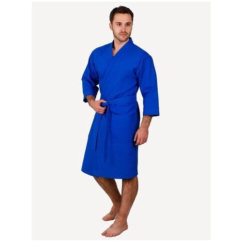 Мужской укороченный вафельный халат с планкой, синий