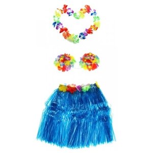 Набор гавайское ожерелье 96 см, лиф "Лилия лифчик" из цветов, юбка голубая 40 см