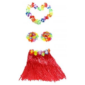 Набор гавайское ожерелье 96 см, лиф "Лилия лифчик" из цветов, юбка красная 40 см