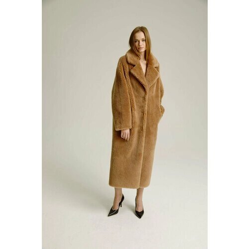 Пальто EDGE, овчина, силуэт свободный, карманы, пояс/ремень, размер 46, коричневый