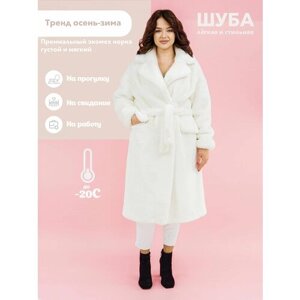 Пальто Prima Woman, искусственный мех, средней длины, силуэт прямой, карманы, пояс/ремень, размер 2XL, белый