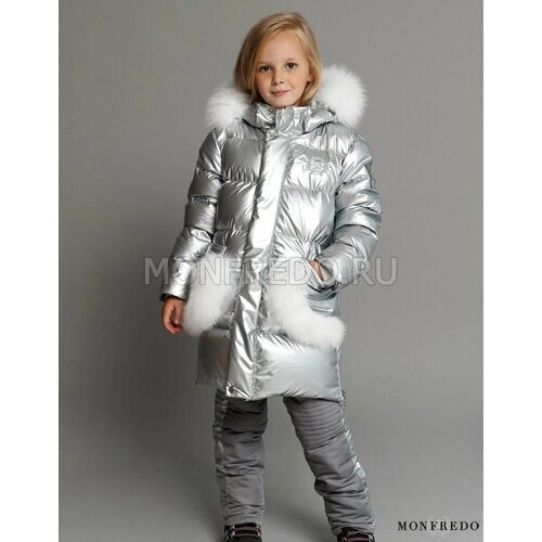 Пальто, размер 134, серый, серебряный