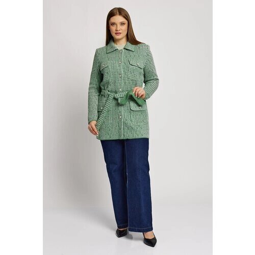 Пиджак Текстильная Мануфактура, удлиненный, силуэт прямой, трикотажный, с поясом, размер 56, зеленый