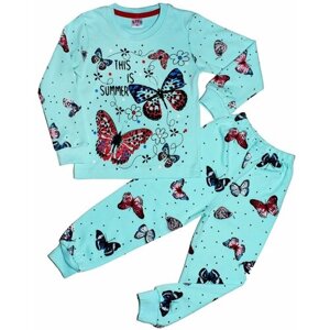 Пижама детская для девочки 100% хлопок цвет голубой/бабочки рост 98