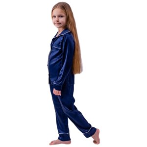 Пижама детская из шелка с брюками и рубашкой на пуговицах "Синий" Размер 140