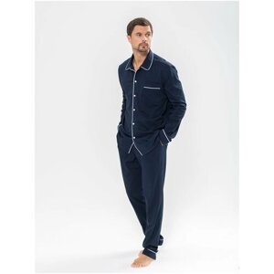 Пижама Ihomewear, брюки, рубашка, карманы, трикотажная, пояс на резинке, размер XXL (164), синий
