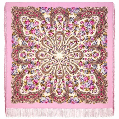 Платок Павловопосадская платочная мануфактура,146х146 см, горчичный, розовый