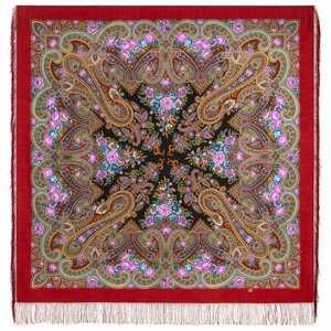 Платок Павловопосадская платочная мануфактура,146х146 см, красный, фиолетовый