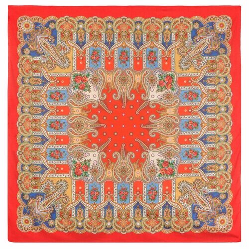 Платок Павловопосадская платочная мануфактура,146х146 см, оранжевый, красный