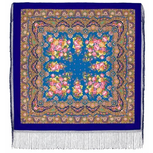 Платок Павловопосадская платочная мануфактура,148х148 см, фиолетовый, горчичный