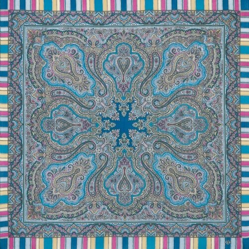 Платок Павловопосадская платочная мануфактура,89х89 см, синий, серый