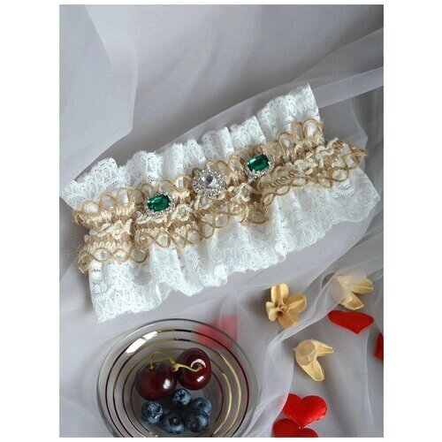 Свадебная подвязка для невесты "Рустик", изумрудные кристаллы
