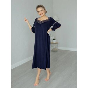 Женская ночная сорочка большого размера 58, с рукавом и эластичным кружевом, Премиум-качество. Цвет синий