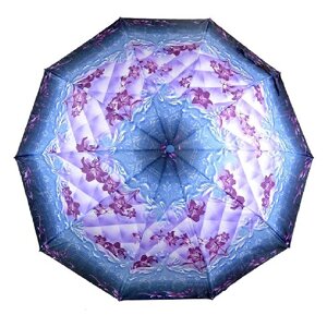 Зонт BETA, полуавтомат, складной, женский, арт. F 1904 B, голубая середина и край, фиолетовые квадраты с цветами