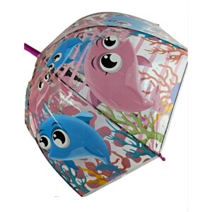 Зонт - трость прозрачный/ Детский зонтик от дождя GALAXY, полуавтомат, складной, арт. С-535, дельфины) темно-розовый