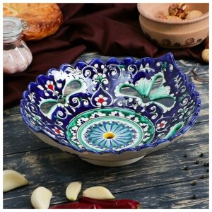 Блюдо Риштанская Керамика "Цветы", 25 см, синее, рифлёное, овальное 3554768
