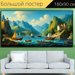 Большой постер "Пейзаж с рыбаками, " 180 x 90 см. для интерьера на стену
