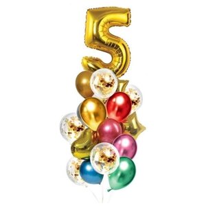 Букет из шаров Страна Карнавалия "День рождения 5 лет", фольга, латекс, набор 21 шт., цвет золотой