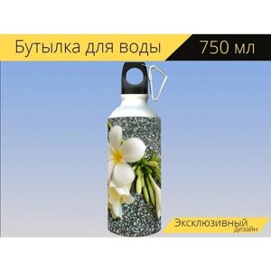 Бутылка фляга для воды "Букеты цветов, фарфоровый цветок, белый" 750 мл. с карабином и принтом