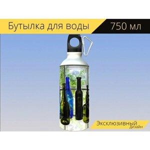 Бутылка фляга для воды "Бутылка, стекло, цветное стекло" 750 мл. с карабином и принтом
